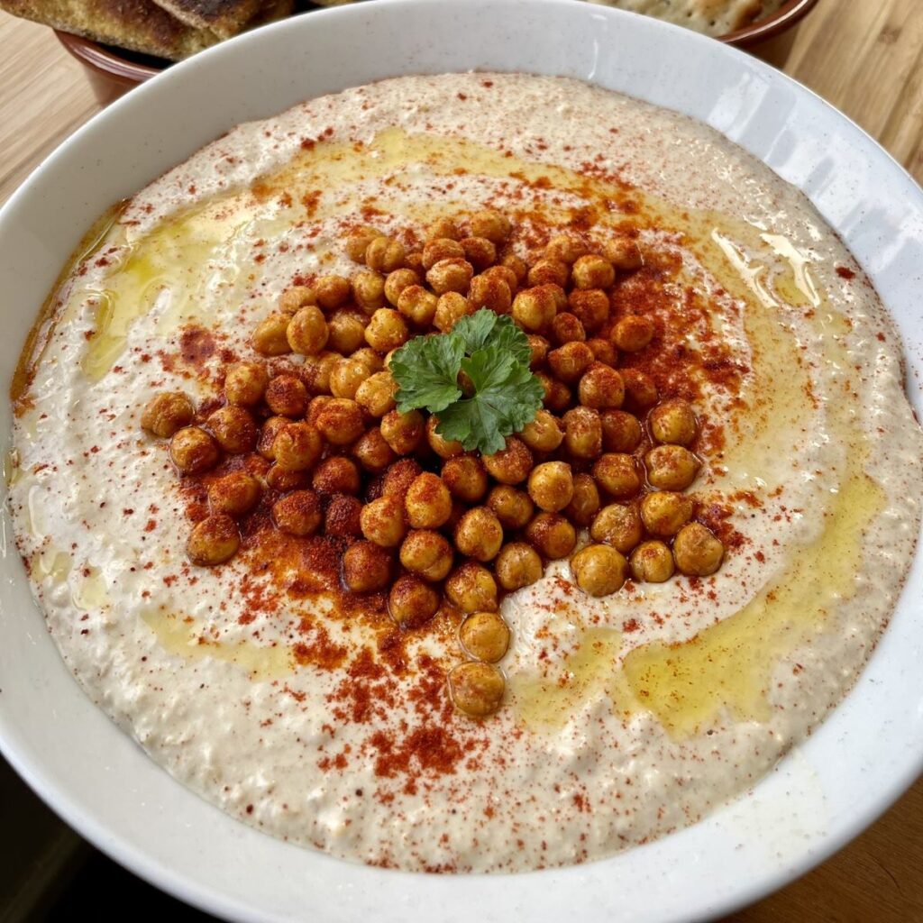 Creamy homemade hummus topped with whole chickpeas, smoked paprika and olive oil drizzle served with spiced zaatar pitta chips
