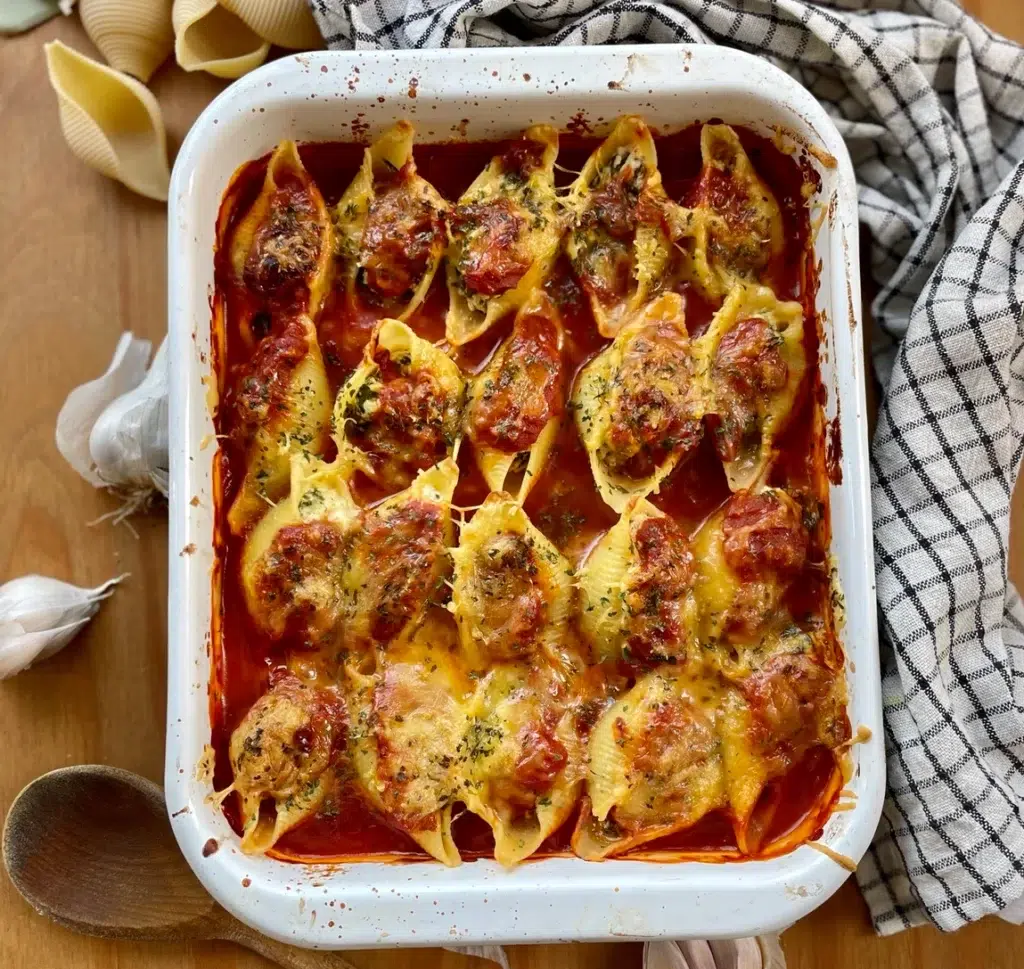 Giant pasta shells stuffed with creamy cheesy spinach filling on a bed on marinara sauce, all lined up in a baking tray