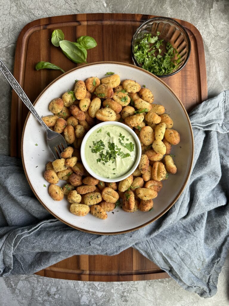 crispy air fried gnocchi with a basil mayo dip