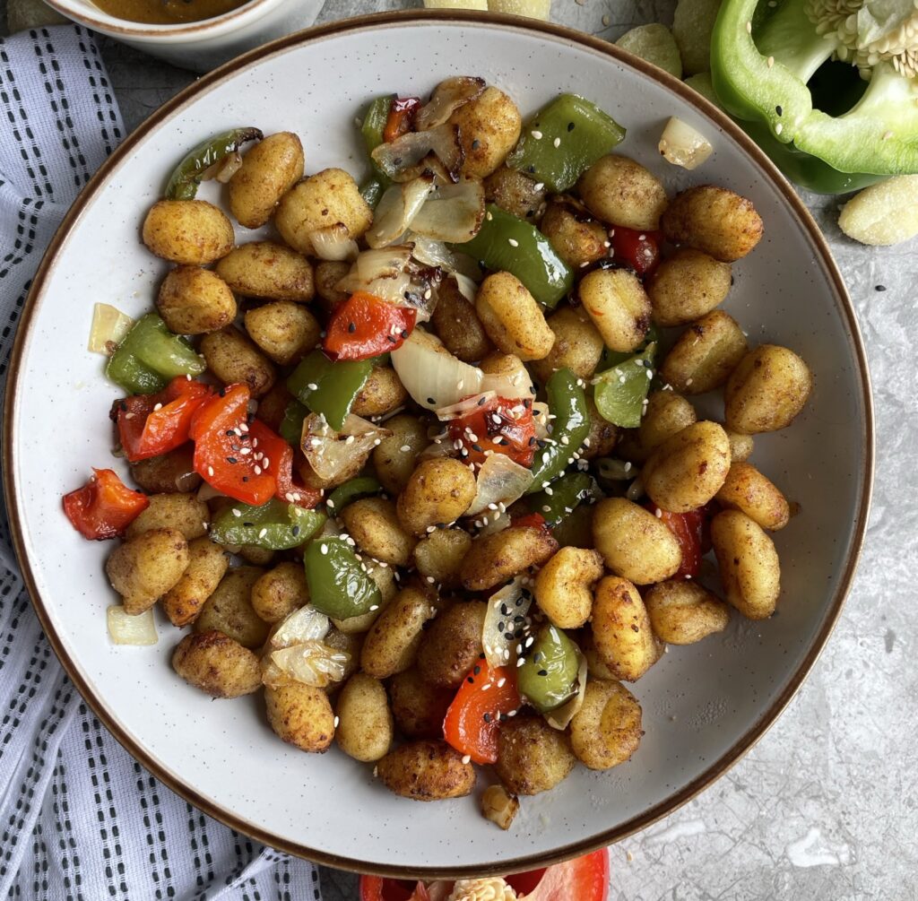 Gnocchi, bell peppers and onion coated in a Chinese style salt and pepper seasoning and air fried to perfection.