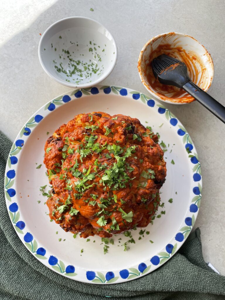 Overhead view of harissa roasted cauliflower