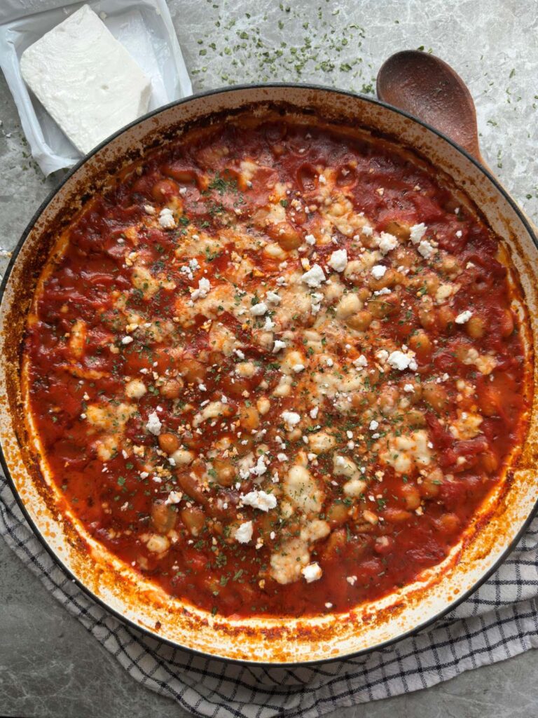 Giant butter beans roasted in a greek style tomato sauce topped with vegan feta and oregano