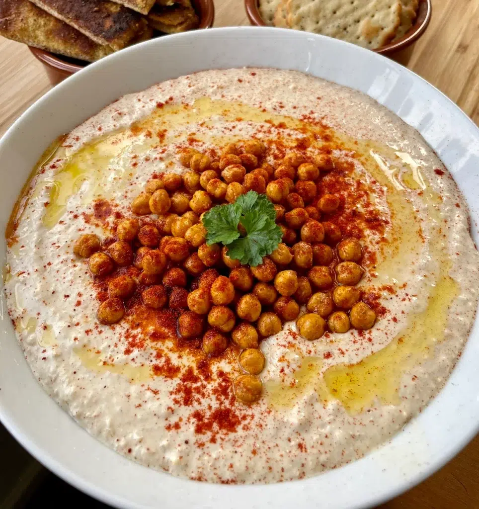 Creamy homemade hummus topped with whole chickpeas, smoked paprika and olive oil drizzle served with spiced zaatar pitta chips