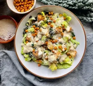 Kale and romaine with roasted crunchy chickpeas, vegan parmesan and creamy dairy free dressing