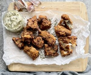 kfc style battered jackfruit with garlic mayo dipping sauce