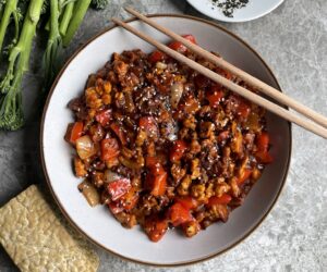 Crispy fried tempeh in a sweet sticky takeaway style sweet and sour sauce