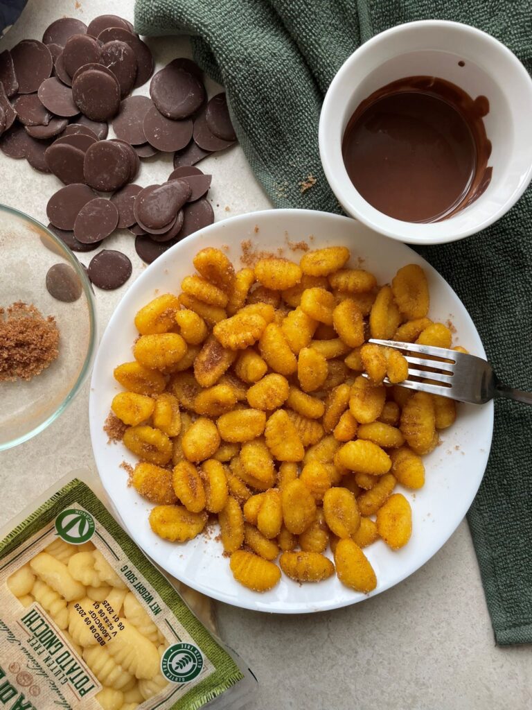 Cinnamon sugar air fried gnocchi with a chocolate dip