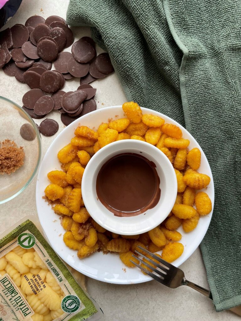Cinnamon sugar air fried gnocchi with a chocolate dip