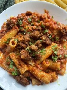 close up image of the spicy sausage pasta dish