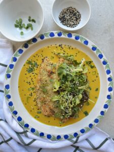 final image of eggplant katsu curry topped with spring onions and sesame seeds