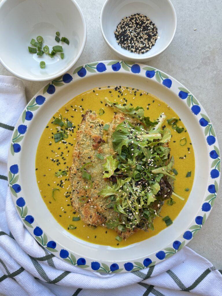 final image of eggplant katsu curry topped with spring onions and sesame seeds