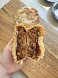cross section close up of the vegan meat pie