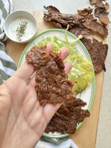 close up image of a piece of the vegan doner kebab meat
