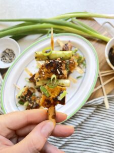 Close up image of tofu yakitori skewer